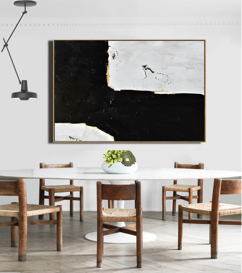 Large Paintings For Living Room,Horizontal Palette Knife Minimal Canvas Art Painting Black White Beige - Original Abstract Painting Canvas Art